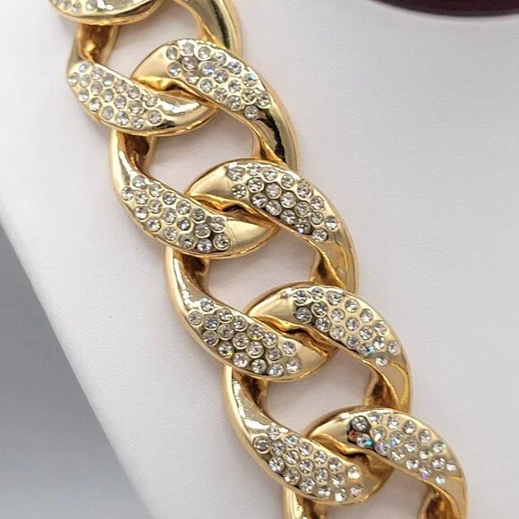 Gold Tone Linking Chain Rhinestone Studded Bib Necklace Collar Length Chunky - Picture 6 of 8